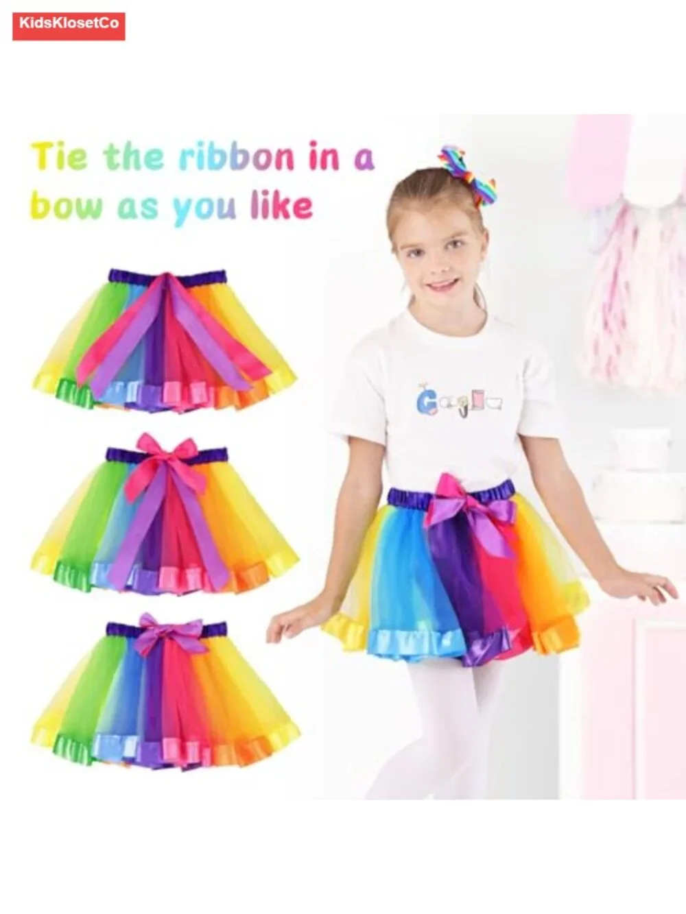 Girls Rainbow Tutu Skirt Set with Hair Bows and Sash Costume